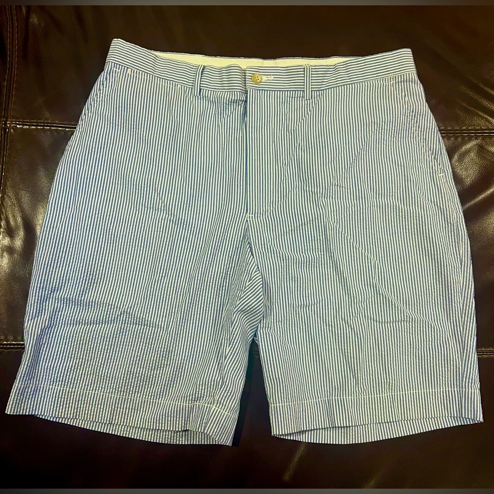 Ralph Lauren Polo Seersucker Shorts Mens 36 Blue White Striped‎